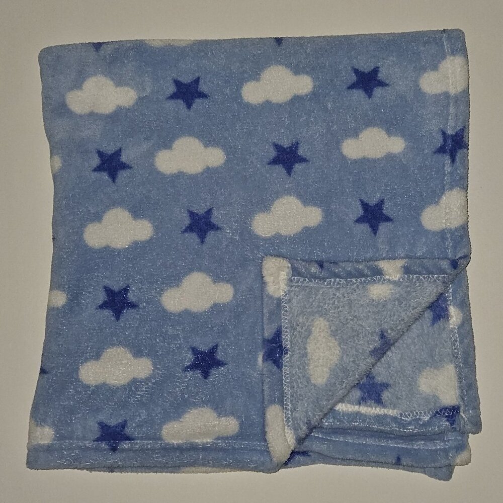 Snugly Baby Blue White Clouds Stars Fleece Baby Blanket 27"x28"